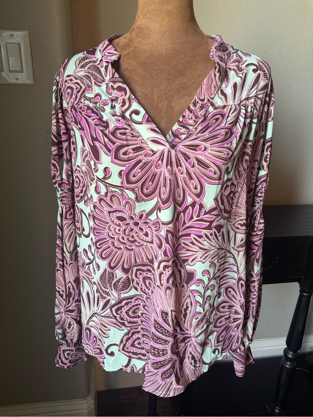 LOFT NWT Paisley Floral Blouse Size Small Mint Purple Split Neck Long Sleeve